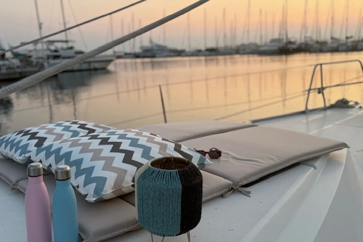 Deck of Aquilo, a Bavaria Cruiser 46 sailboat at Preveza, Greece