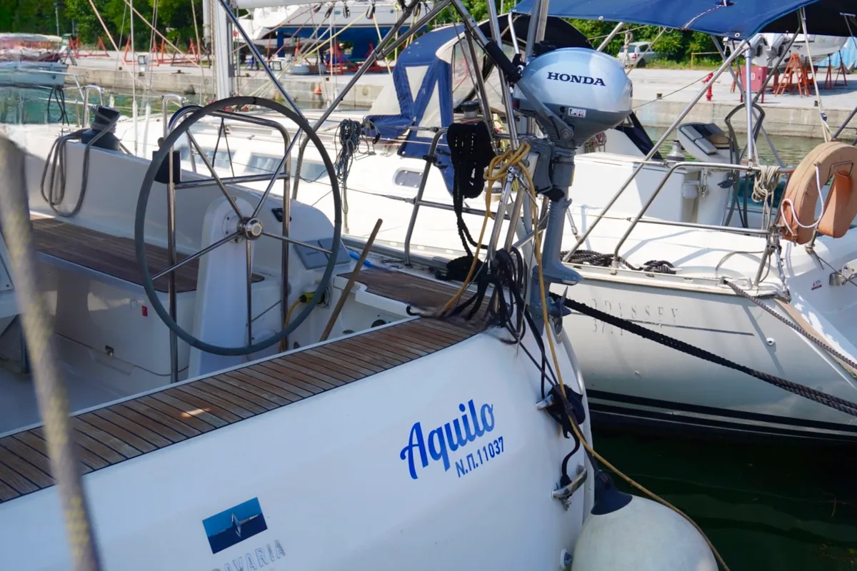 Exterior view of Aquilo, a Bavaria Cruiser 46 sailboat at Preveza, Greece