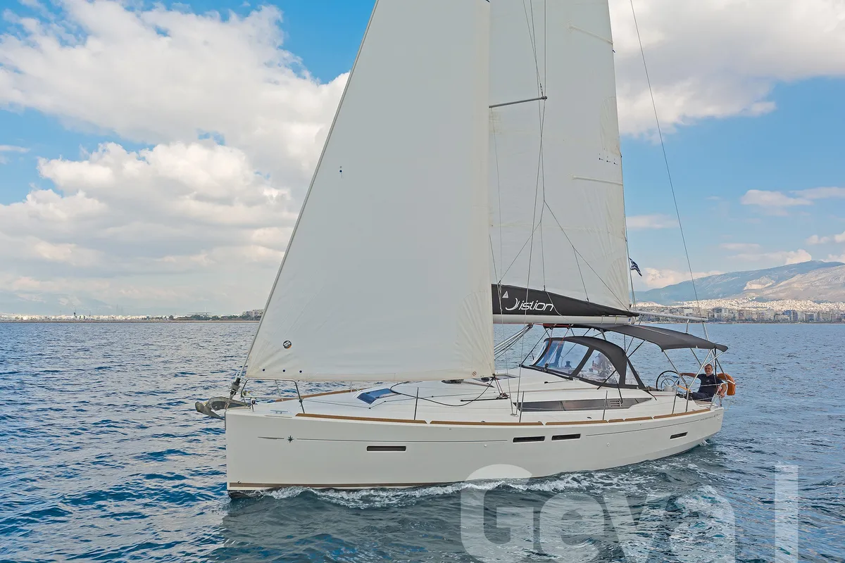 Exterior view of Geva I, a Jeanneau Sun Odyssey 419 sailboat at Municipal Unit of Rhodes, Greece