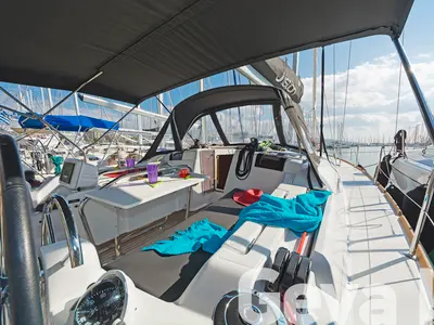 Deck of Geva I, a Jeanneau Sun Odyssey 419 sailboat at Municipal Unit of Rhodes, Greece