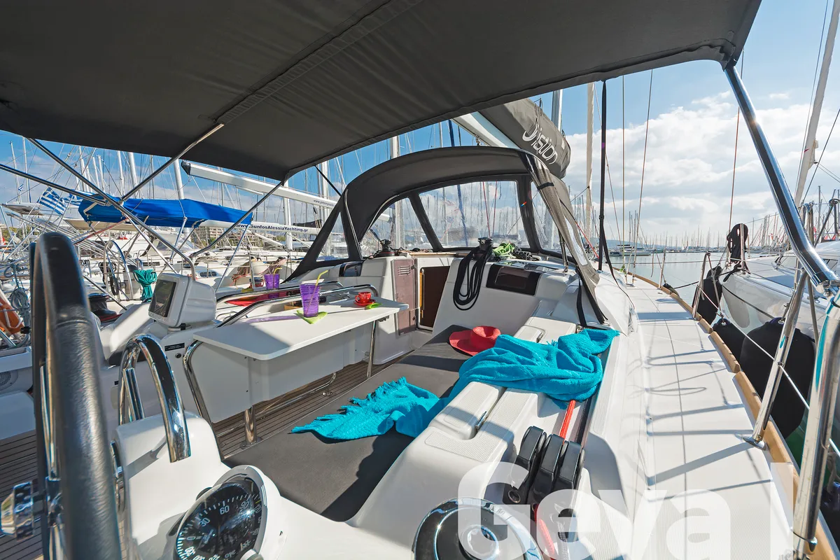 Deck of Geva I, a Jeanneau Sun Odyssey 419 sailboat at Municipal Unit of Rhodes, Greece