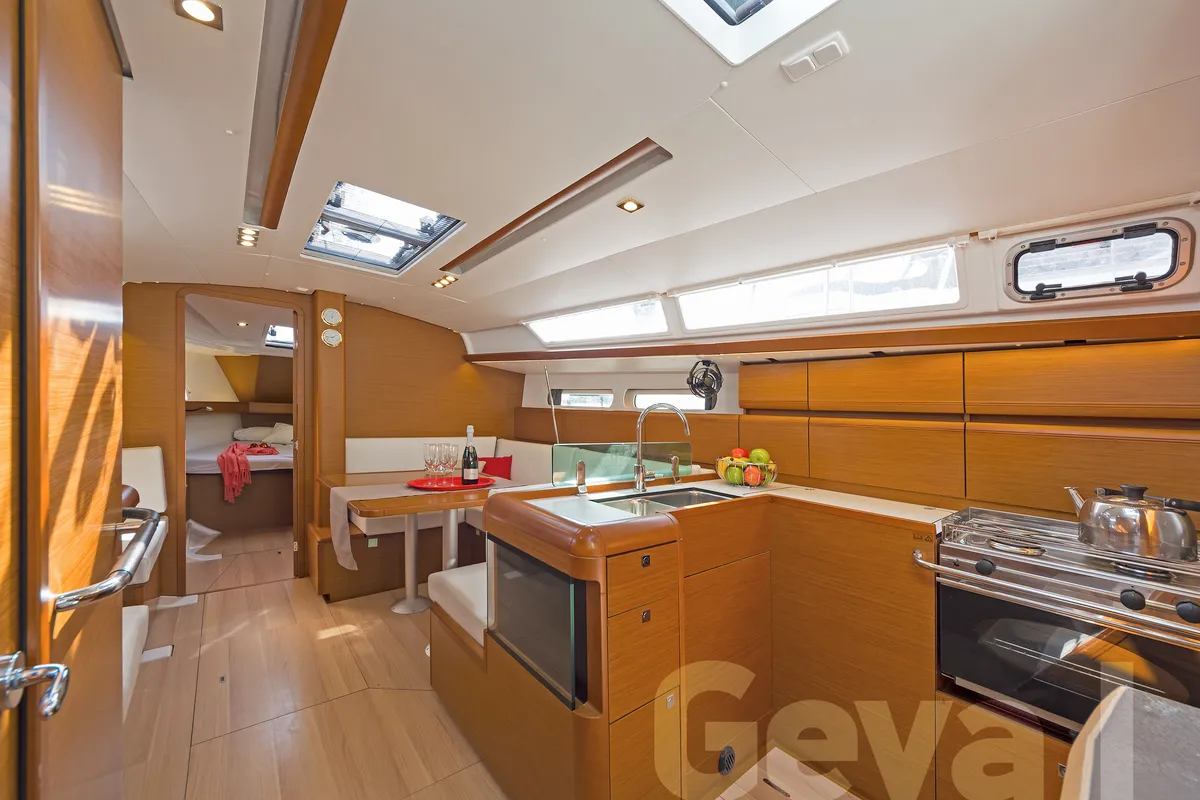 Galley of Geva I, a Jeanneau Sun Odyssey 419 sailboat at Municipal Unit of Rhodes, Greece