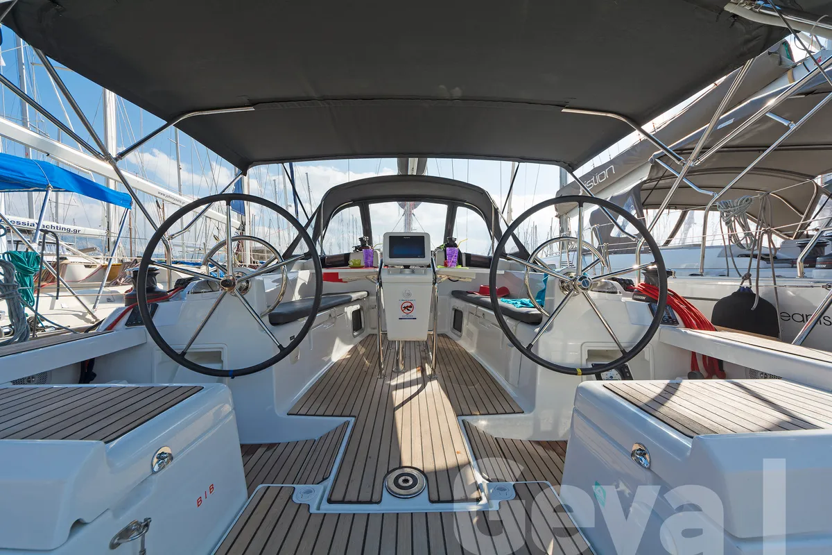 Cockpit of Geva I, a Jeanneau Sun Odyssey 419 sailboat at Municipal Unit of Rhodes, Greece