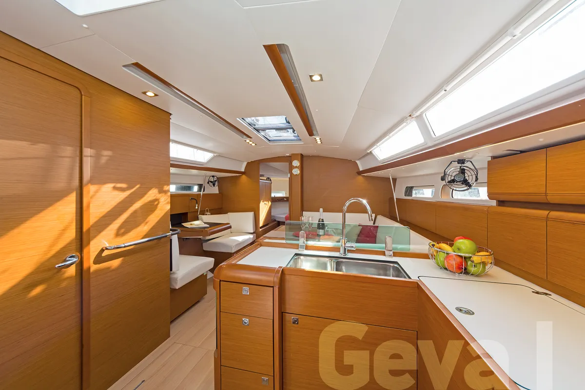 Galley of Geva I, a Jeanneau Sun Odyssey 419 sailboat at Municipal Unit of Rhodes, Greece
