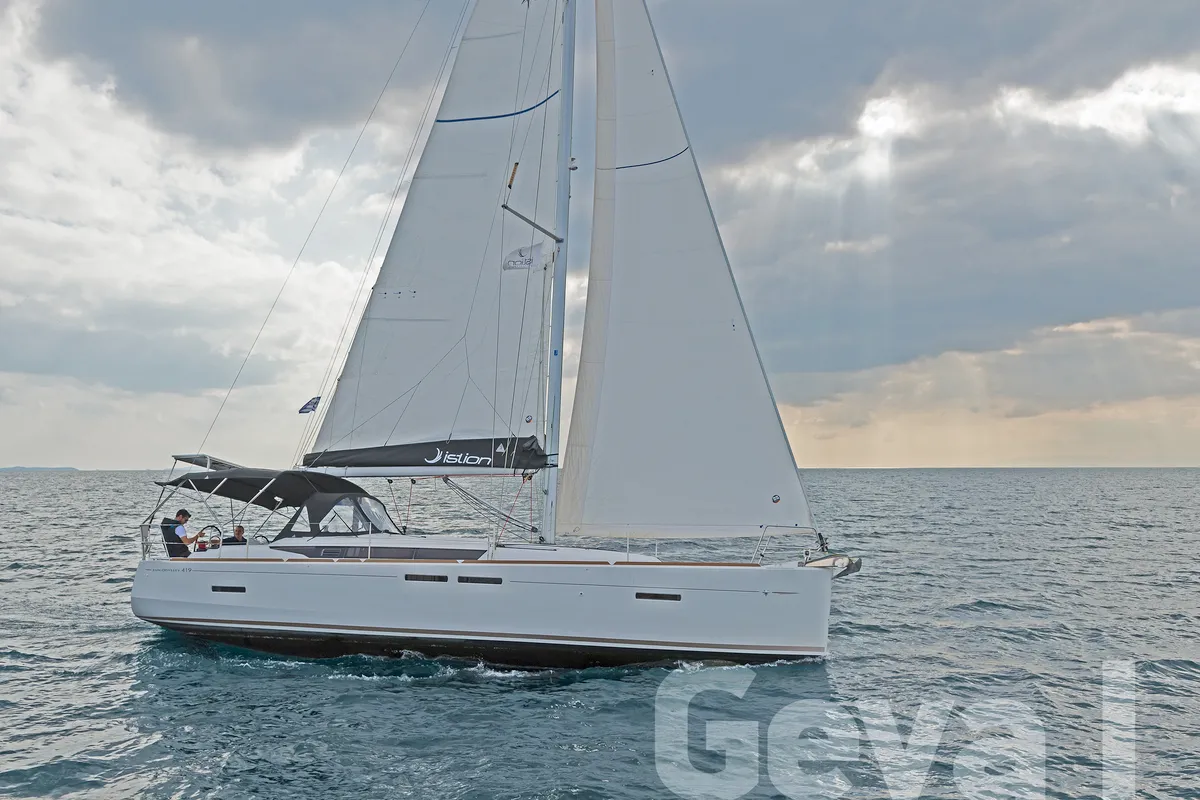 Exterior view of Geva I, a Jeanneau Sun Odyssey 419 sailboat at Municipal Unit of Rhodes, Greece