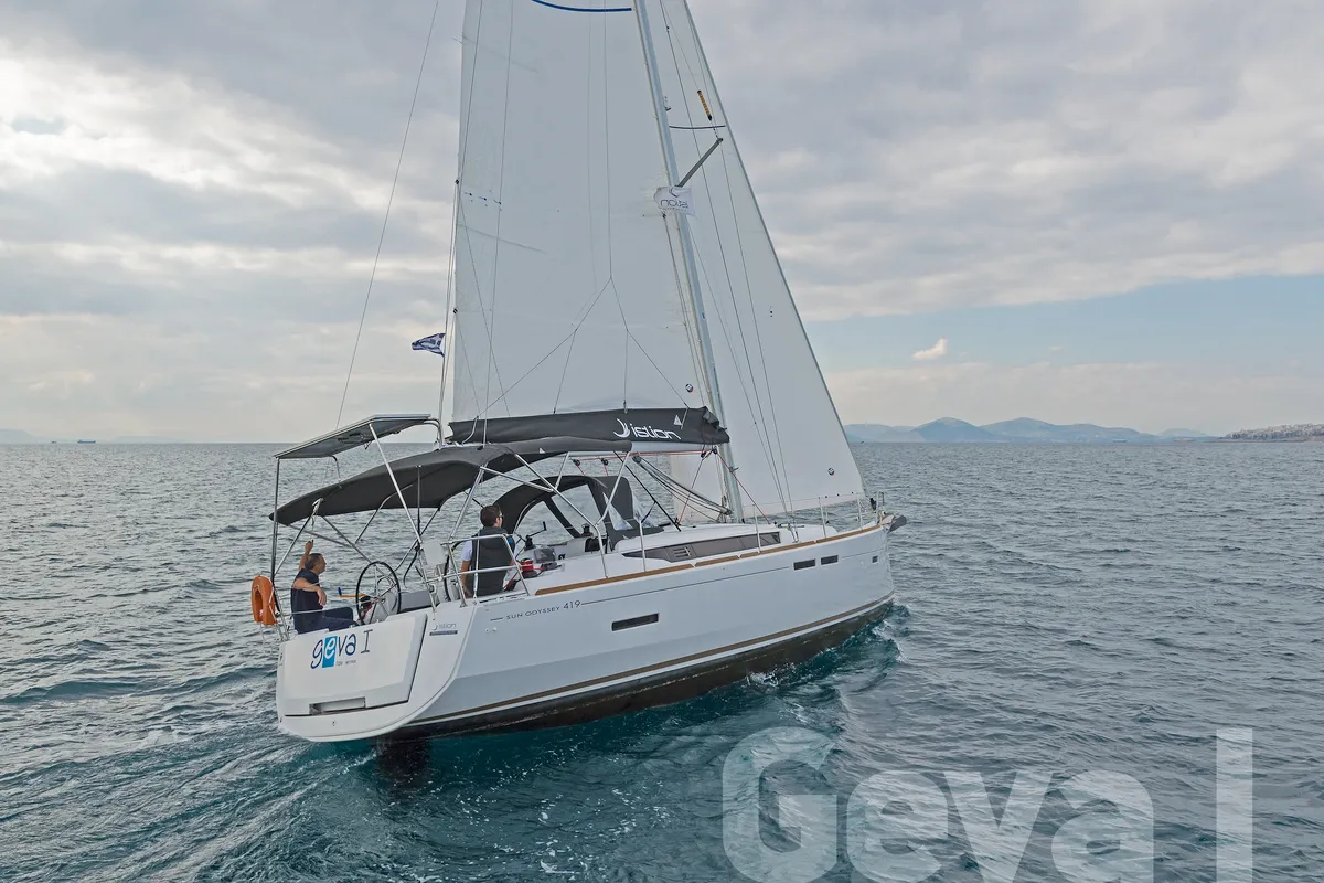 Exterior view of Geva I, a Jeanneau Sun Odyssey 419 sailboat at Municipal Unit of Rhodes, Greece