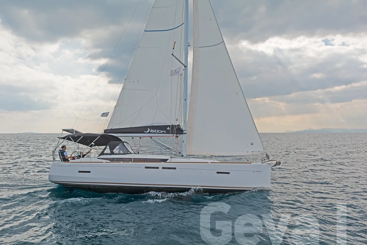 Exterior view of Geva I, a Jeanneau Sun Odyssey 419 sailboat at Municipal Unit of Rhodes, Greece