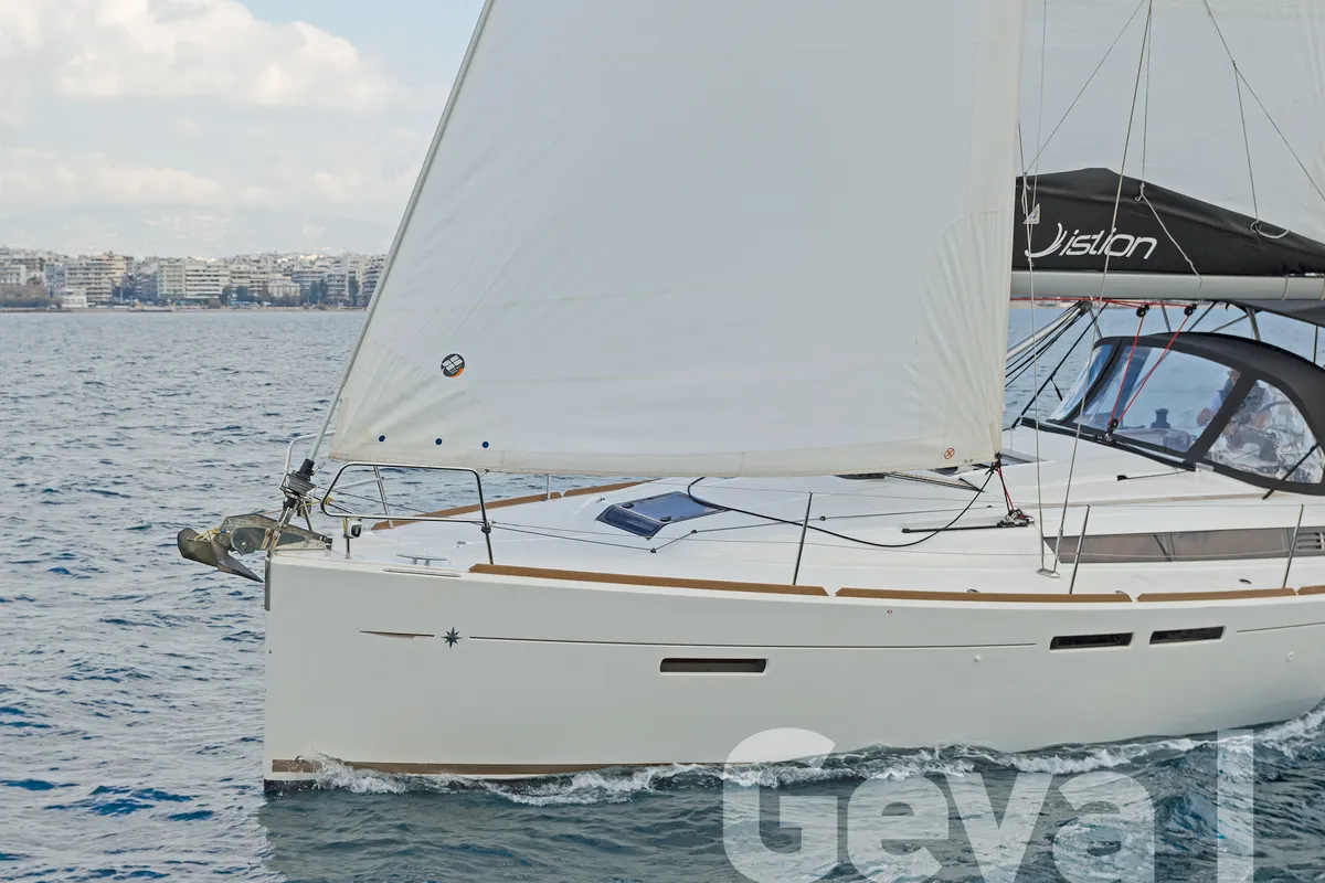 Exterior view of Geva I, a Jeanneau Sun Odyssey 419 sailboat at Municipal Unit of Rhodes, Greece