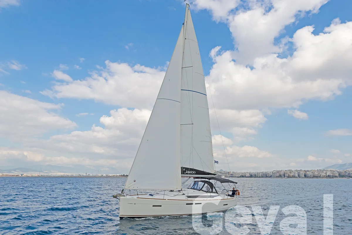 Exterior view of Geva I, a Jeanneau Sun Odyssey 419 sailboat at Municipal Unit of Rhodes, Greece