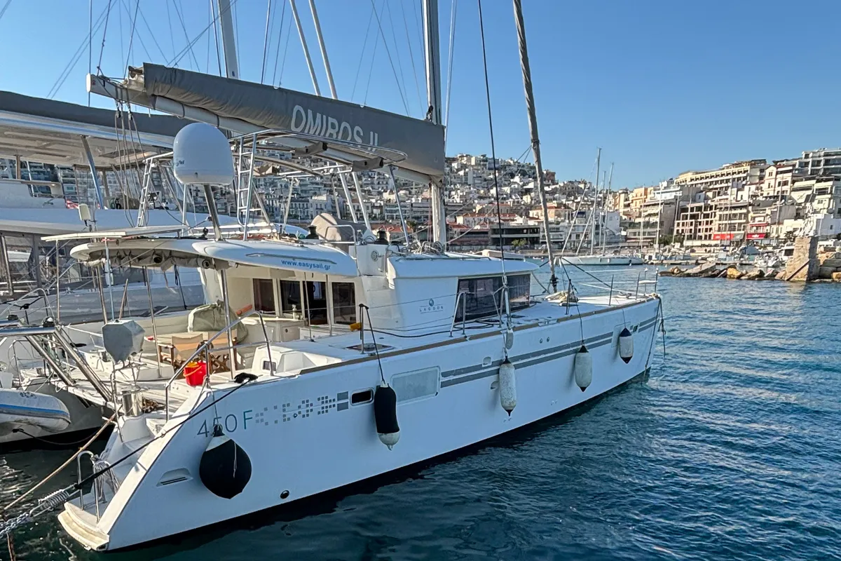 Exterior view of Omiros II, a Lagoon 450 Fly catamaran at Athens, Greece