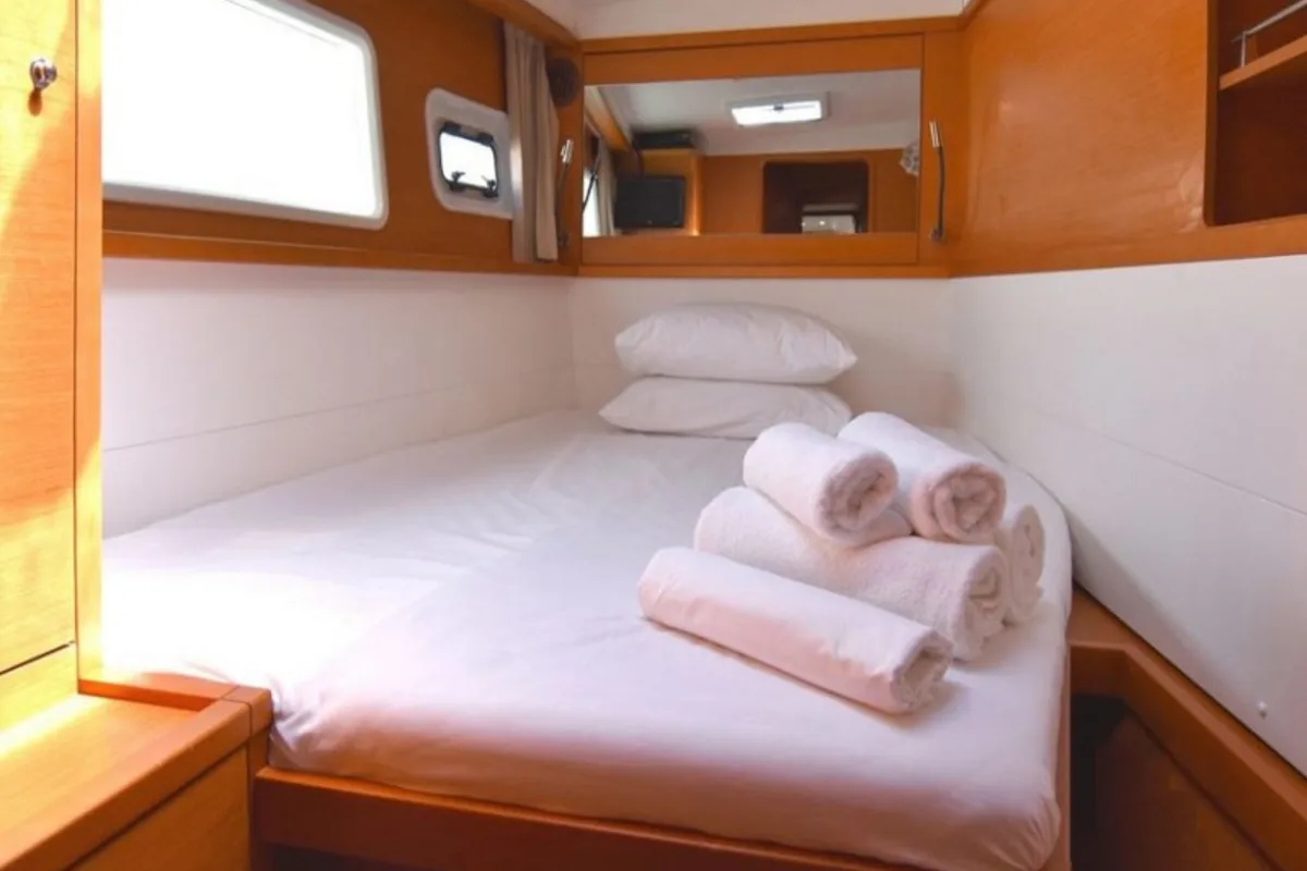Cabin on Omiros II, a Lagoon 450 Fly catamaran at Athens, Greece