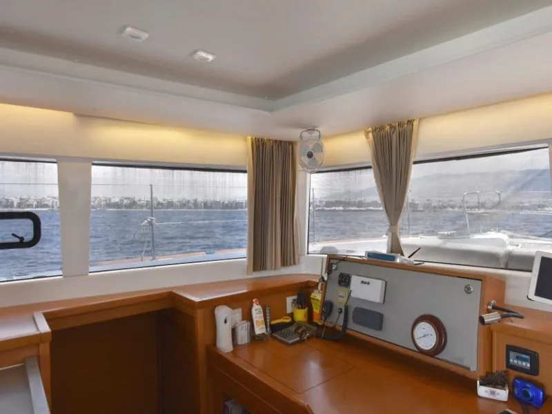 Cockpit of Omiros II, a Lagoon 450 Fly catamaran at Athens, Greece