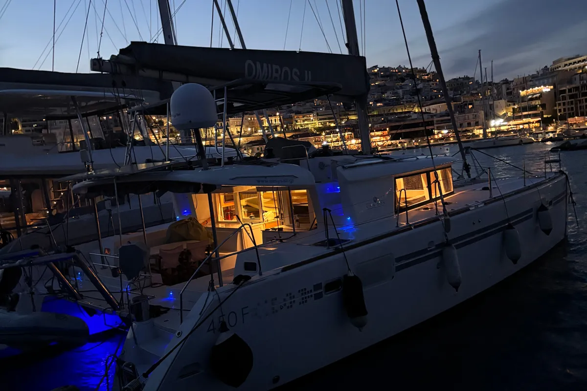 Exterior view of Omiros II, a Lagoon 450 Fly catamaran at Athens, Greece