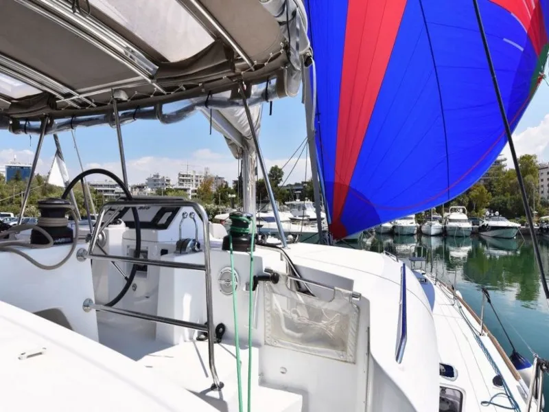 Deck of Omiros II, a Lagoon 450 Fly catamaran at Athens, Greece