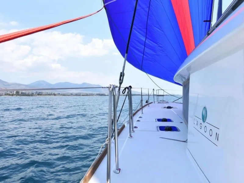 Deck of Omiros II, a Lagoon 450 Fly catamaran at Athens, Greece
