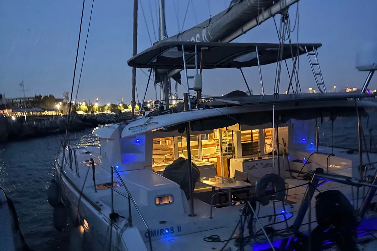 Exterior view of Omiros II, a Lagoon 450 Fly catamaran at Athens, Greece