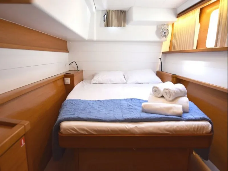 Cabin on Omiros II, a Lagoon 450 Fly catamaran at Athens, Greece