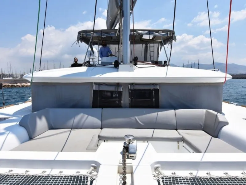 Deck of Omiros II, a Lagoon 450 Fly catamaran at Athens, Greece