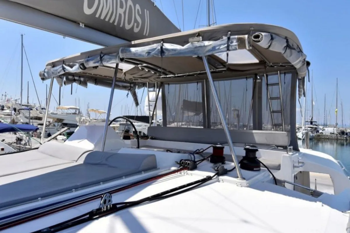 Cockpit of Omiros II, a Lagoon 450 Fly catamaran at Athens, Greece