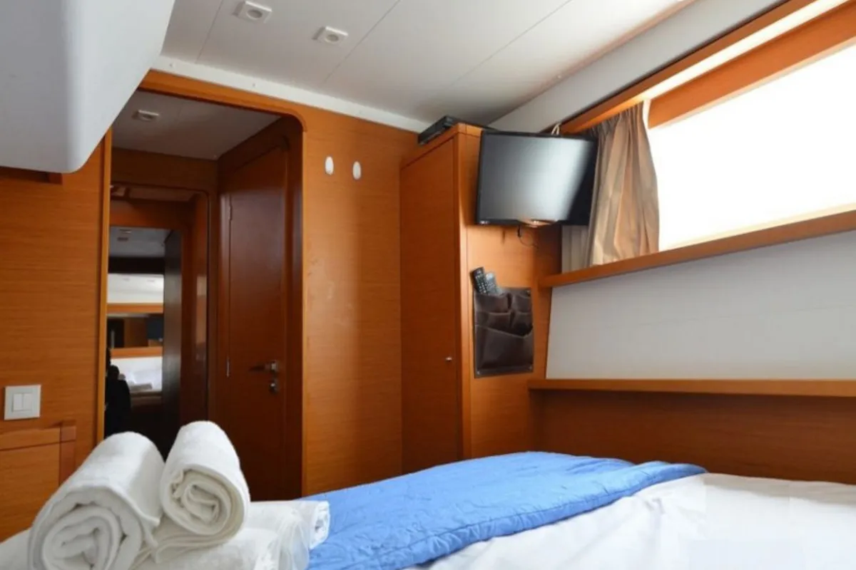 Cabin on Omiros II, a Lagoon 450 Fly catamaran at Athens, Greece