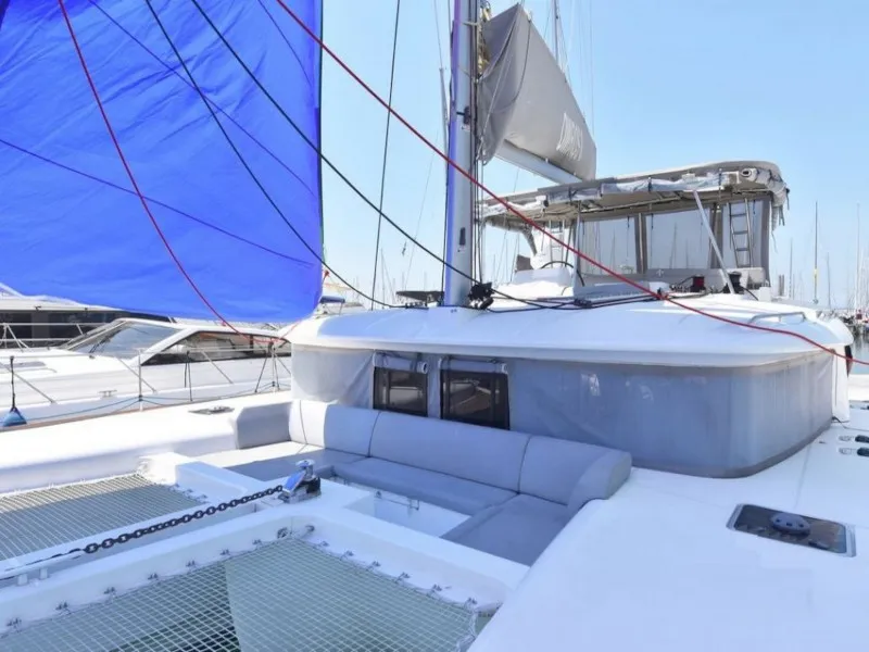 Deck of Omiros II, a Lagoon 450 Fly catamaran at Athens, Greece