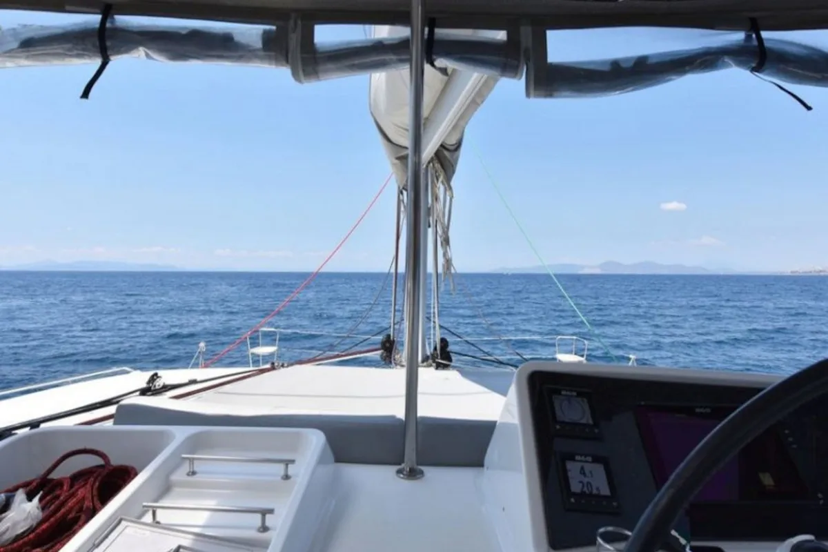 Cockpit of Omiros II, a Lagoon 450 Fly catamaran at Athens, Greece