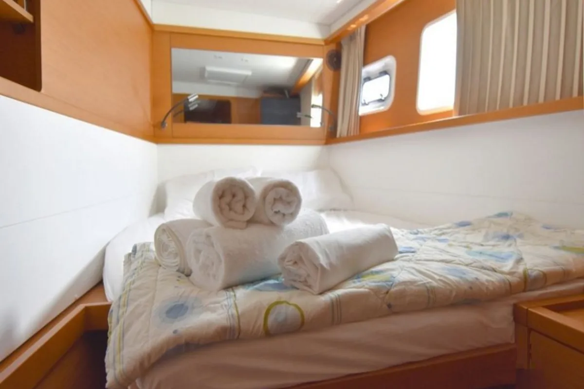 Cabin on Omiros II, a Lagoon 450 Fly catamaran at Athens, Greece