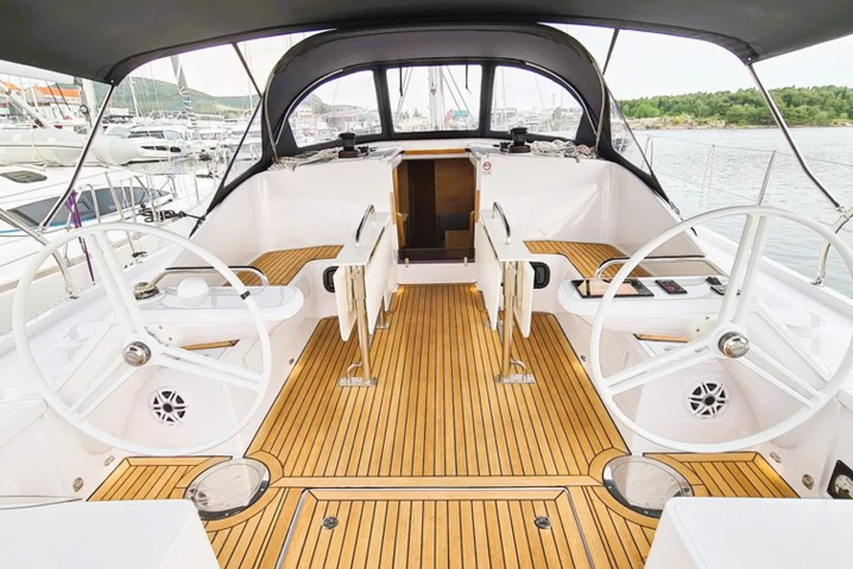Cockpit of First Edition, a Elan Impression 45 sailboat at Grad Šibenik, Croatia