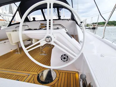 Cockpit of First Edition, a Elan Impression 45 sailboat at Grad Šibenik, Croatia