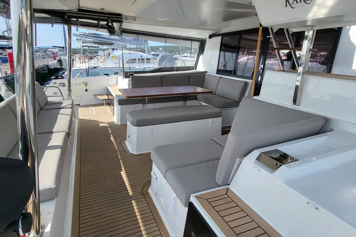 Deck of Balu, a Fountaine Pajot Elba 45 catamaran at Biograd na Moru, Croatia