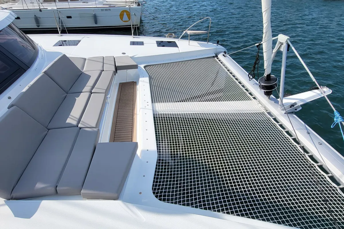 Deck of Balu, a Fountaine Pajot Elba 45 catamaran at Biograd na Moru, Croatia