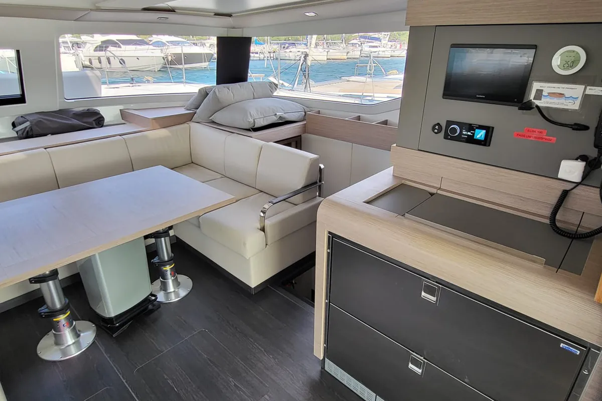 Salon of Balu, a Fountaine Pajot Elba 45 catamaran at Biograd na Moru, Croatia