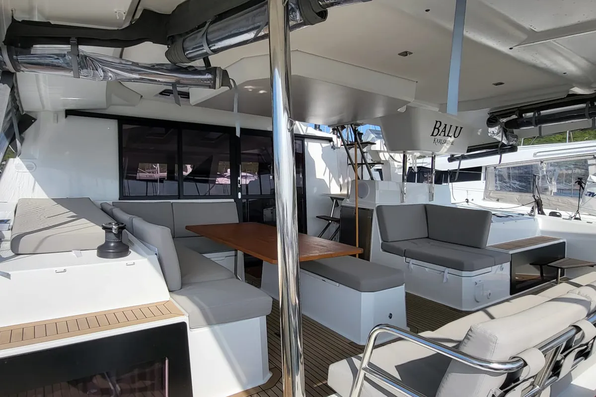 Deck of Balu, a Fountaine Pajot Elba 45 catamaran at Biograd na Moru, Croatia