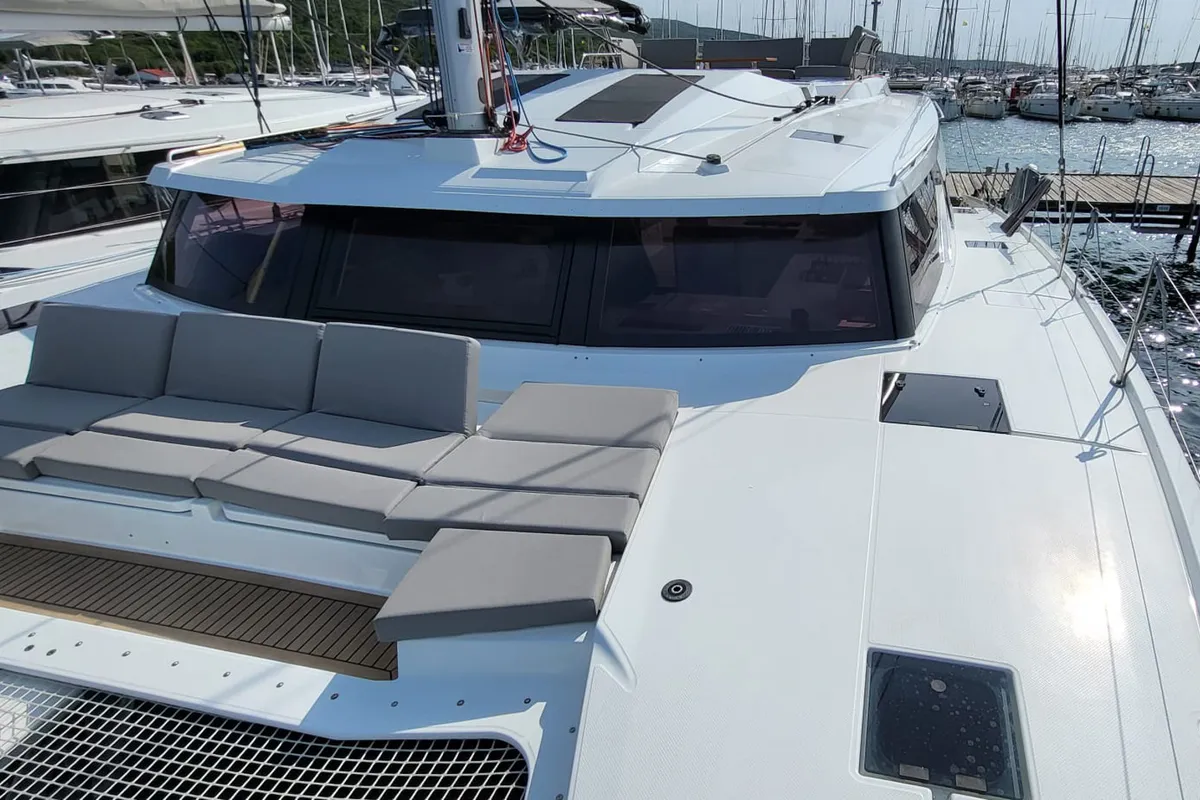 Deck of Balu, a Fountaine Pajot Elba 45 catamaran at Biograd na Moru, Croatia