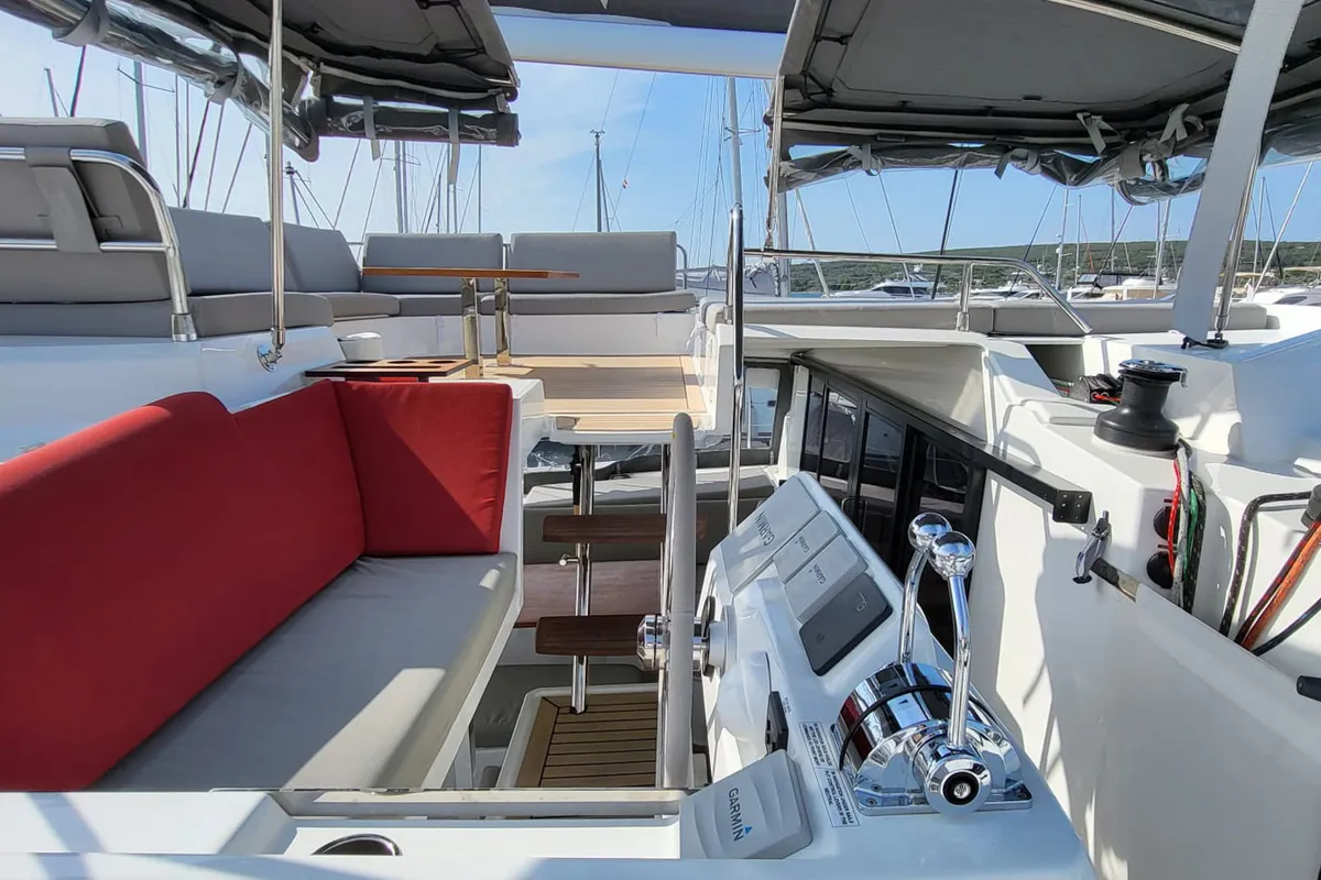 Cockpit of Balu, a Fountaine Pajot Elba 45 catamaran at Biograd na Moru, Croatia