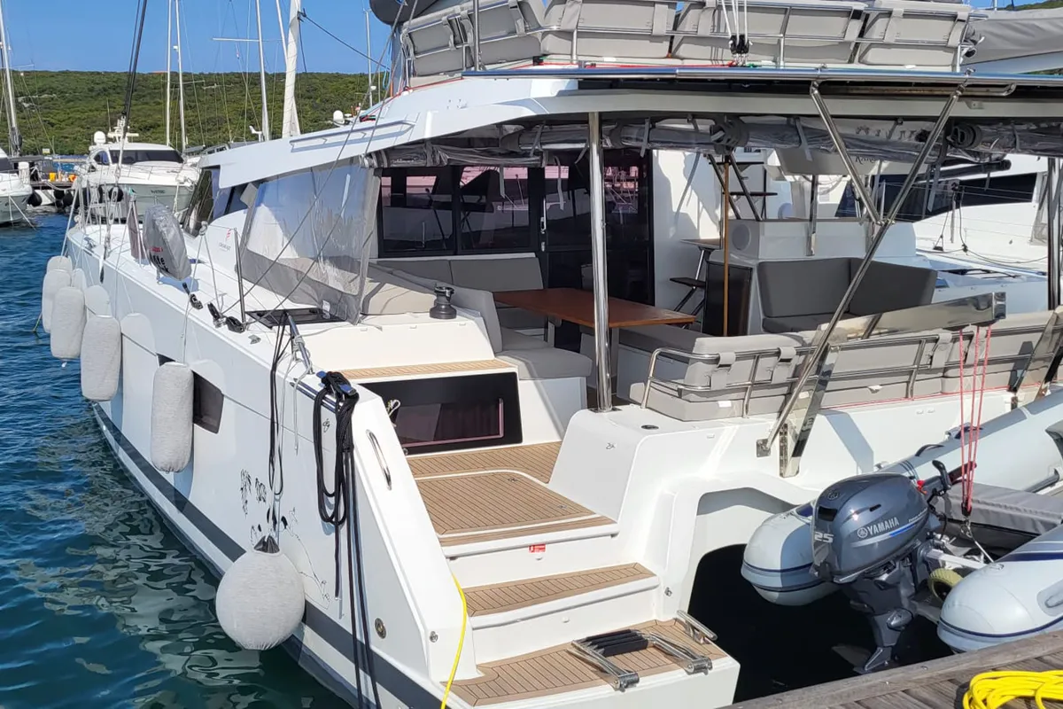 Deck of Balu, a Fountaine Pajot Elba 45 catamaran at Biograd na Moru, Croatia