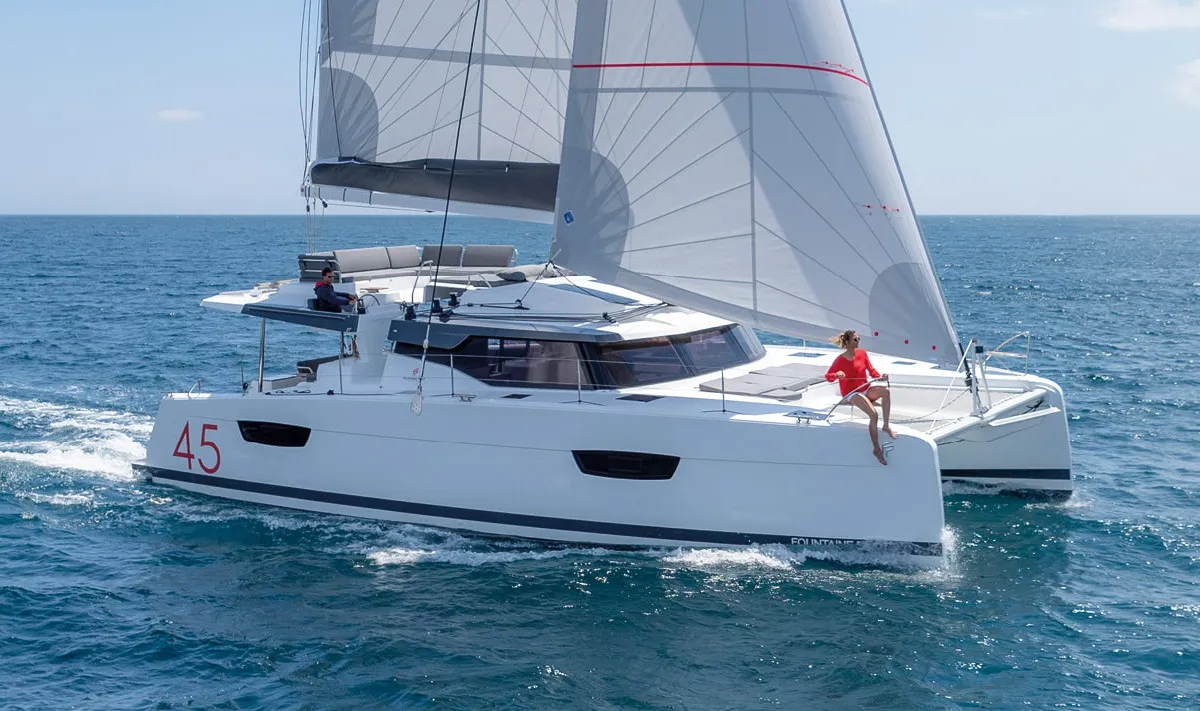 Exterior view of Balu, a Fountaine Pajot Elba 45 catamaran at Biograd na Moru, Croatia