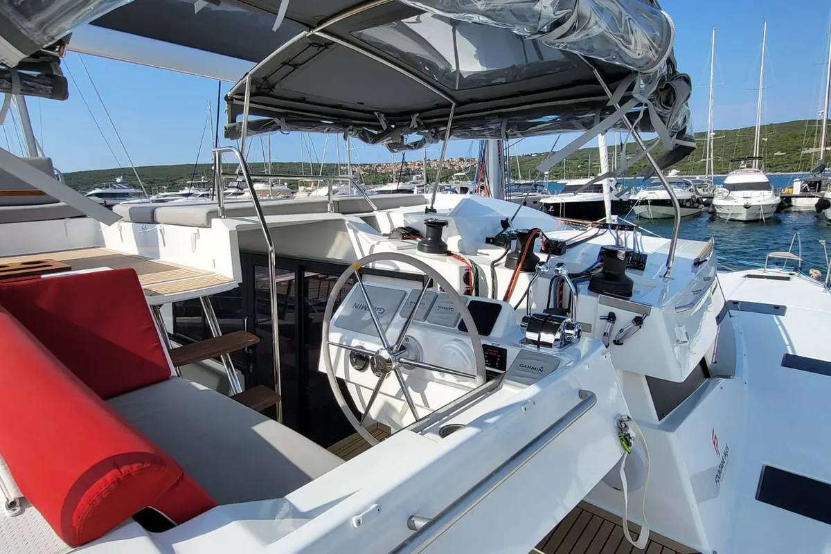 Cockpit of Balu, a Fountaine Pajot Elba 45 catamaran at Biograd na Moru, Croatia