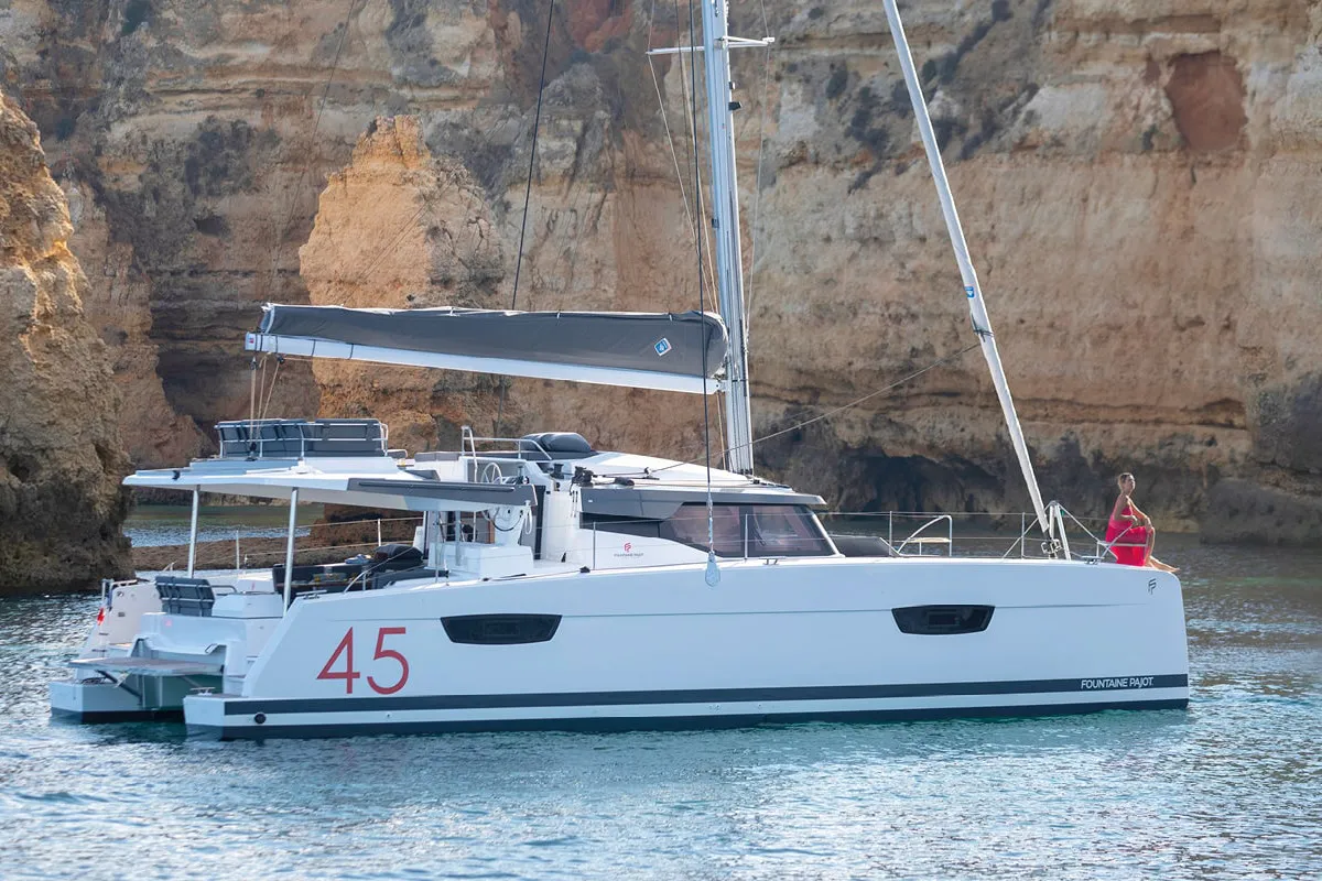 Exterior view of Balu, a Fountaine Pajot Elba 45 catamaran at Biograd na Moru, Croatia