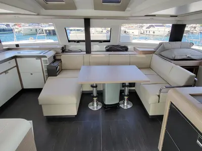Salon of Balu, a Fountaine Pajot Elba 45 catamaran at Biograd na Moru, Croatia
