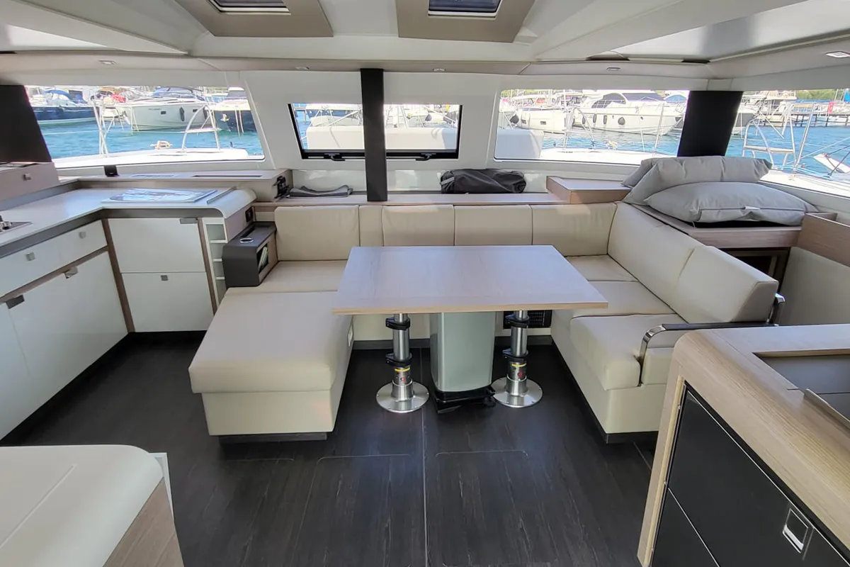 Salon of Balu, a Fountaine Pajot Elba 45 catamaran at Biograd na Moru, Croatia