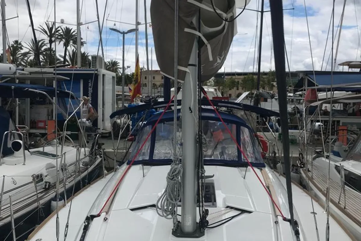Deck of Jeanneau Sun Odyssey 419, a sailboat at es Jonquet, Spain