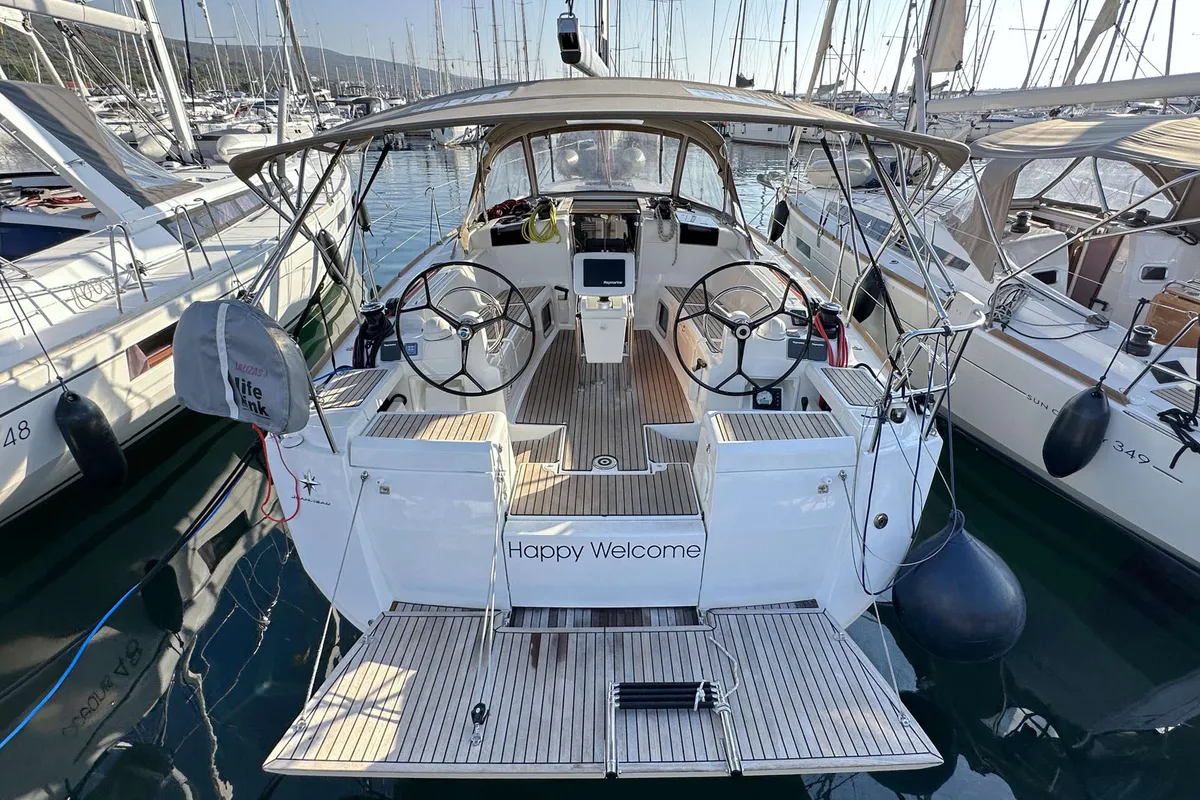 Cockpit of Happy Welcome, a Jeanneau Sun Odyssey 419 sailboat at Punat, Croatia