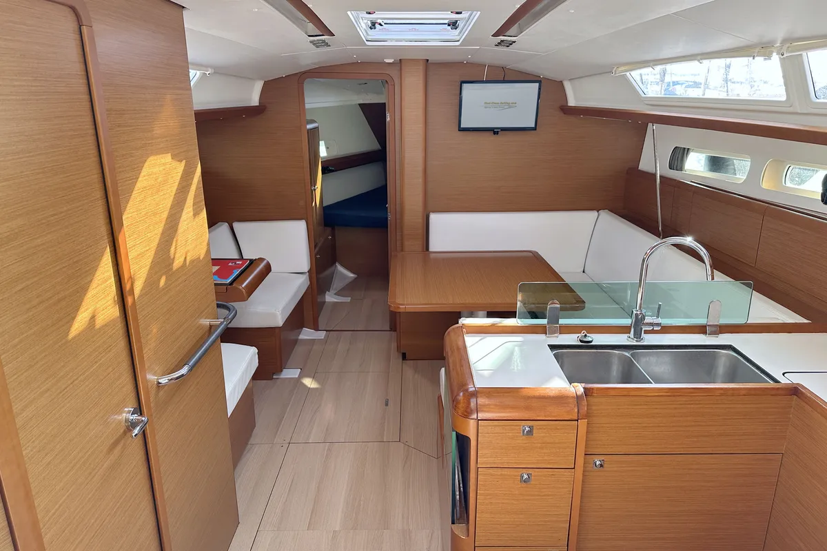 Salon of Happy Welcome, a Jeanneau Sun Odyssey 419 sailboat at Punat, Croatia