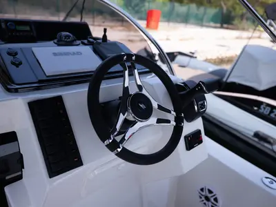Cockpit of No Name, a Mingolla Brava 28 WA motorboat at Grad Šibenik, Croatia