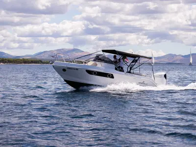 Exterior view of No Name, a Mingolla Brava 28 WA motorboat at Grad Šibenik, Croatia