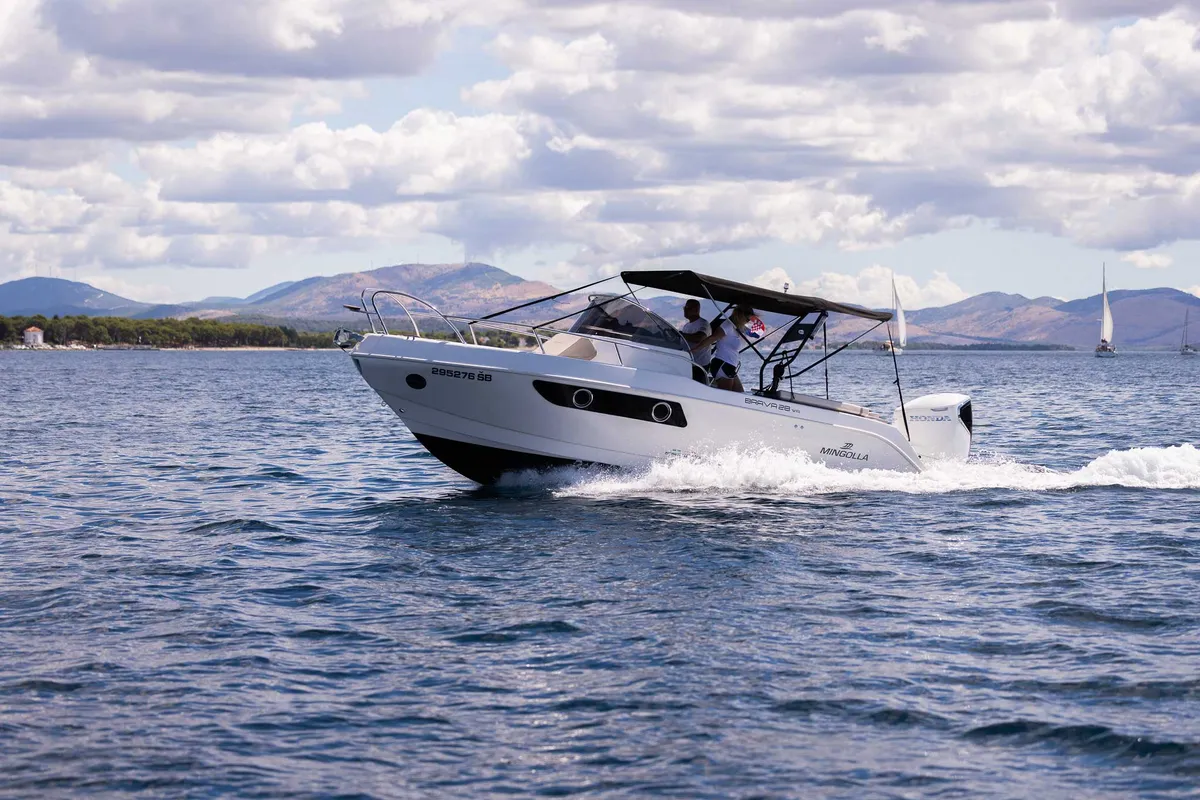 Exterior view of No Name, a Mingolla Brava 28 WA motorboat at Grad Šibenik, Croatia