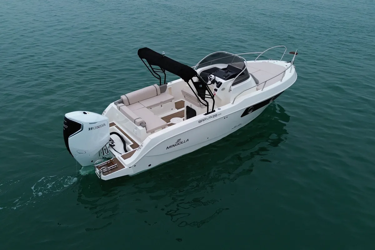 Exterior view of No Name, a Mingolla Brava 28 WA motorboat at Grad Šibenik, Croatia