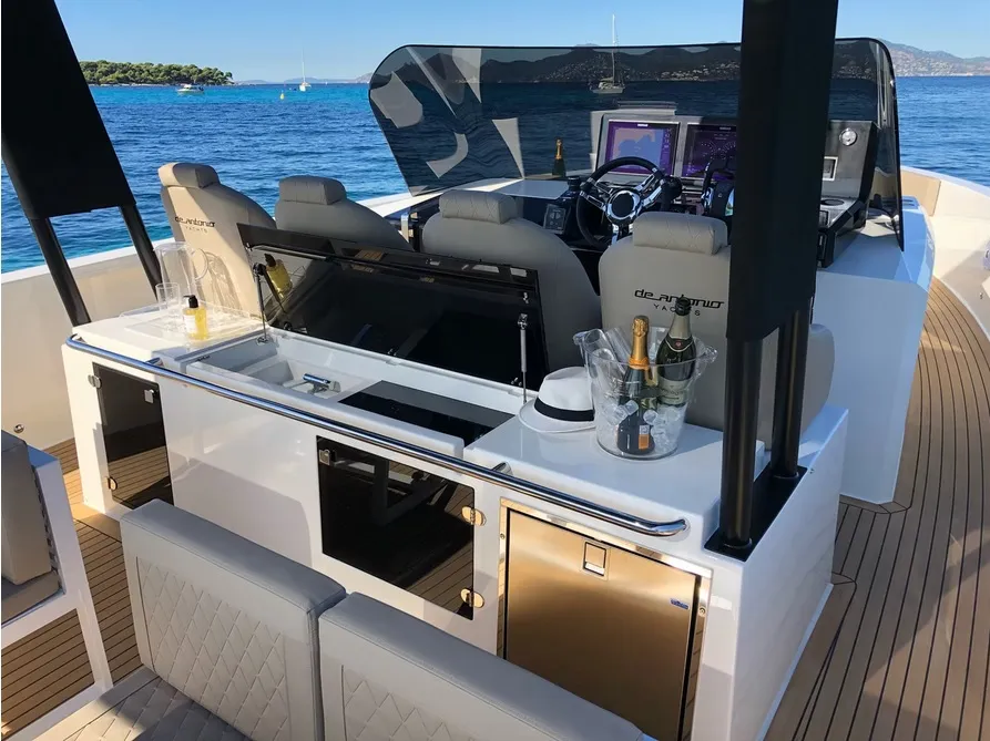 Cockpit of Bliss, a De Antonio D42 motorboat at Lavrion, Greece