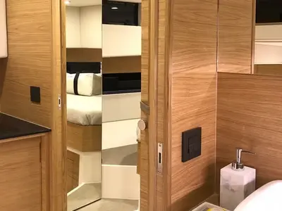Cabin on Bliss, a De Antonio D42 motorboat at Lavrion, Greece